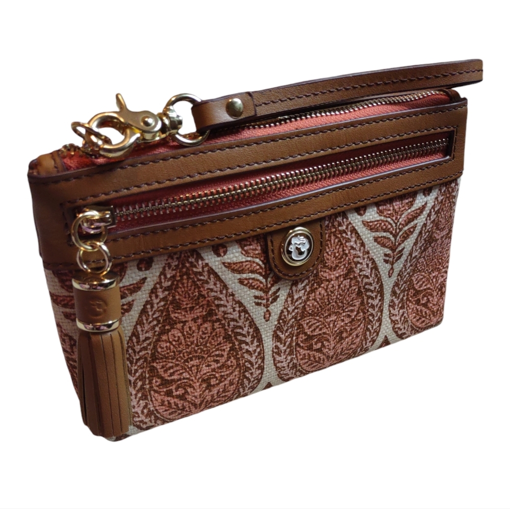 Spartina 449 Pink House Natural Linen Top Grain Leather Paisley Wristlet Pouch